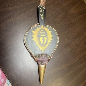 Antique Fireplace Bellows Hand Painted Folk Art Wood Brass Leather AS-IS WORKS